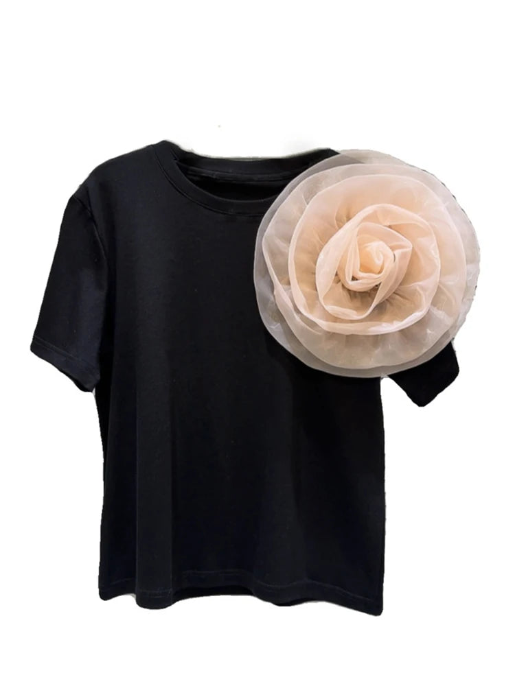 Patchwork 3D Mesh Flower T-shirt 2024 Spring Short Sleeve Round Collar Tops