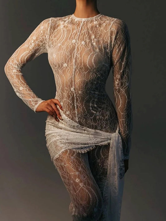 Long Sleeve Lace Jumpsuit Lace See-through Rompers Basic Skinny High Elasticity Leggings