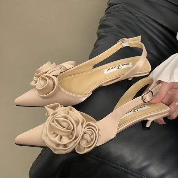 Pointed Toe Ladies Low Heel Sandals 3D flower Shoes