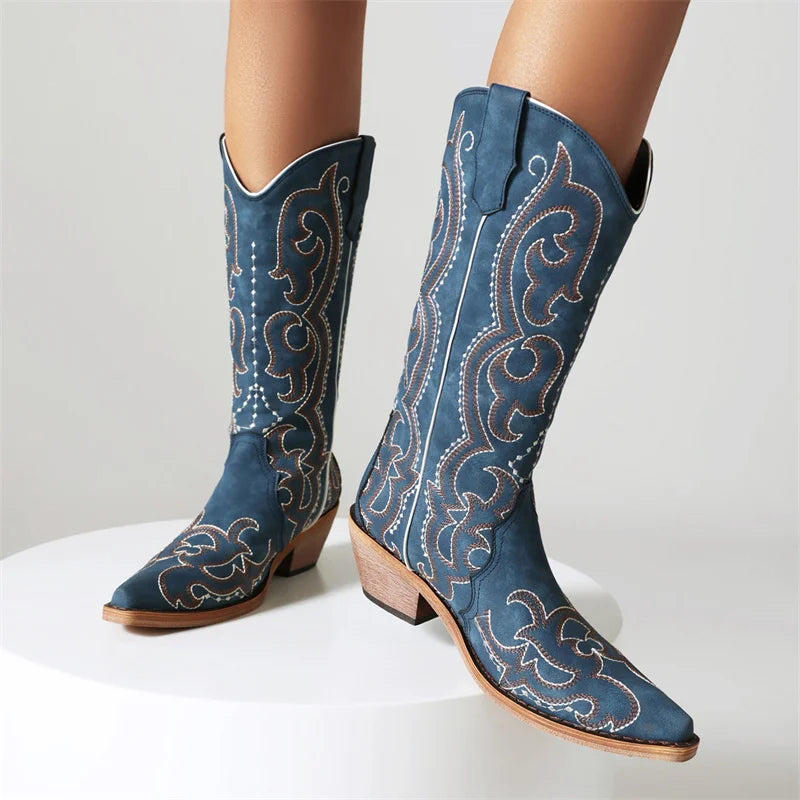 Denim Boots Blue Mid Calf Chunky Heel Embroider Cowgirl Cowboy Boots For Women Western Shoes