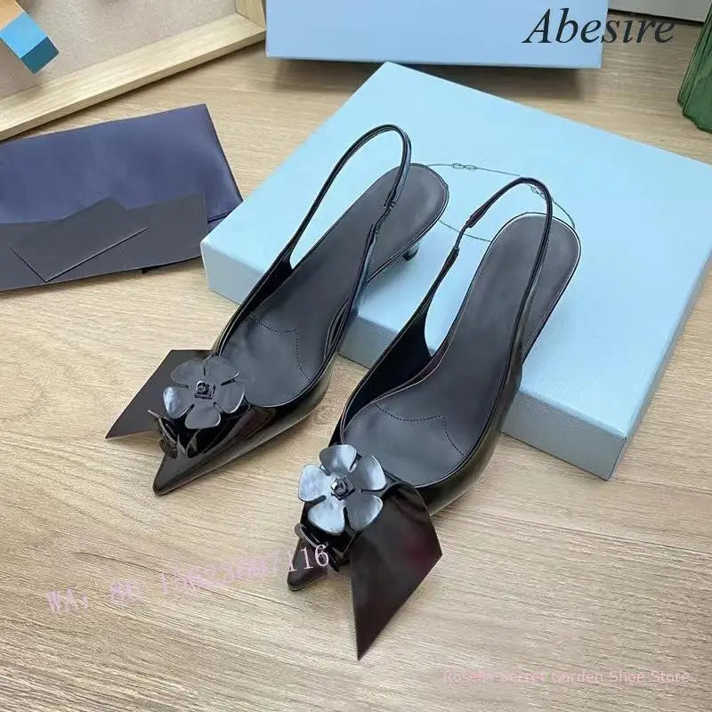 New Niche White Embellished Flower Pointed Toe Cat Heel High Heels Shallow Mouth Origami Boat Personalized Women's Single Shoes