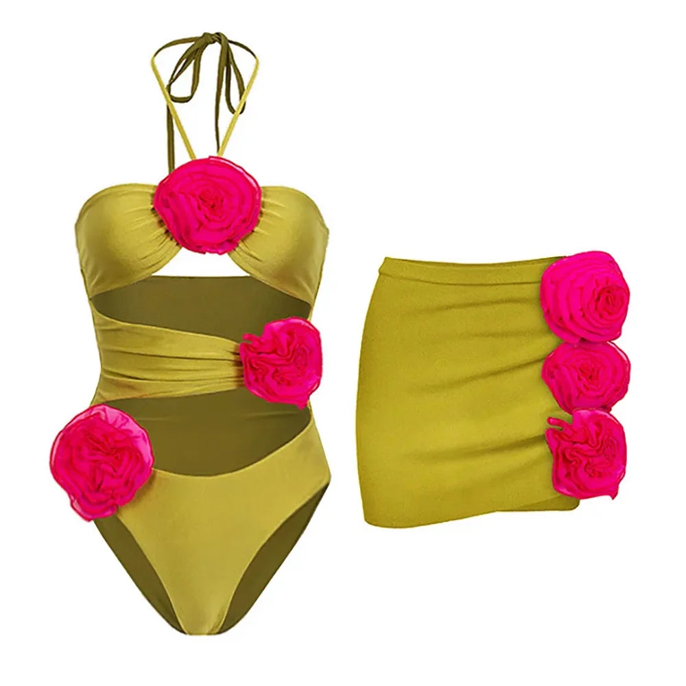 New One-piece Swimsuit Flower Decoration