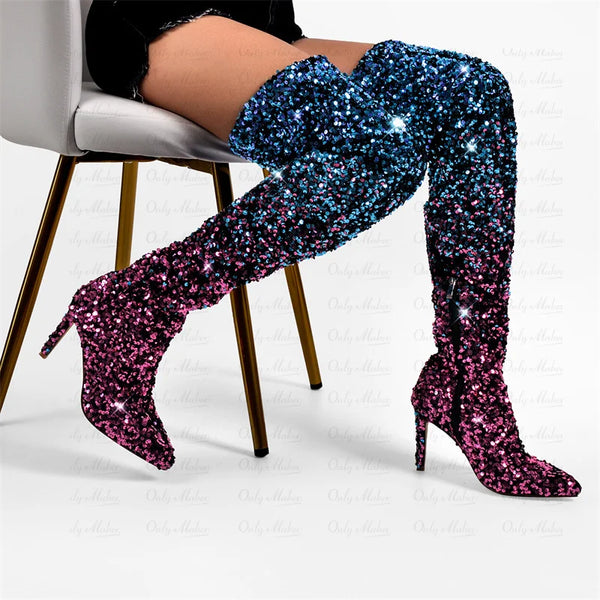 Glittery Over The Knee Boots Gradient Color Sequins Pointed Toe Stiletto Boots