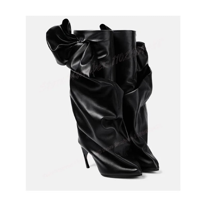 Black Stange Style Heels Pleated Boots