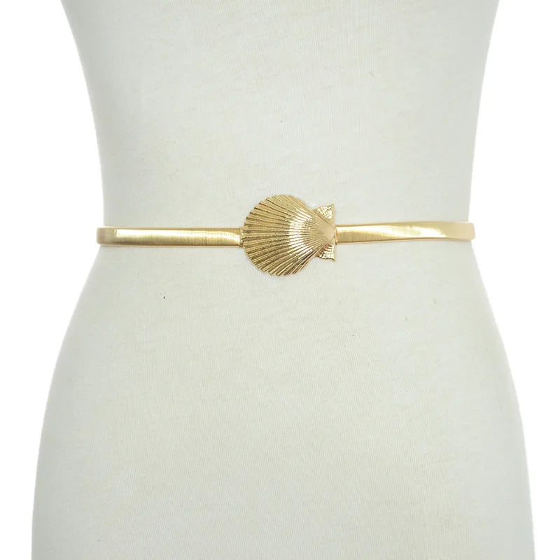Gold Shell Belt New Metal Buckle Elastic Belts for Women Stretch Waist Chain Waistband