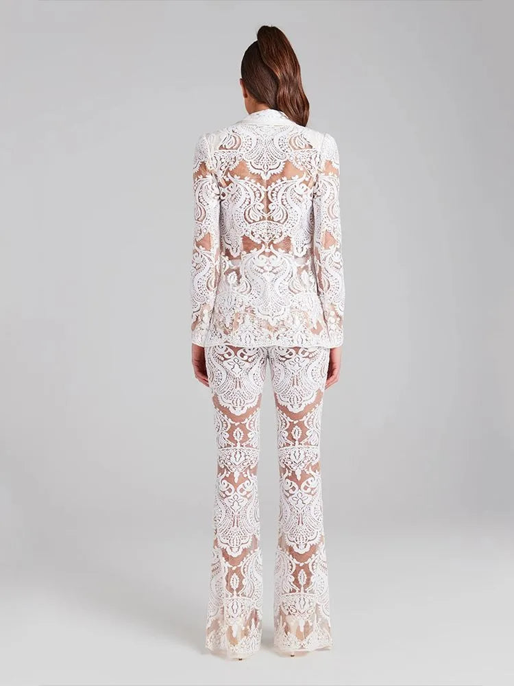 White Lace Suit Pants Set Sexy Lace Wide Leg Pants Set Slim Fit Pants Jacket 2 Piece Set