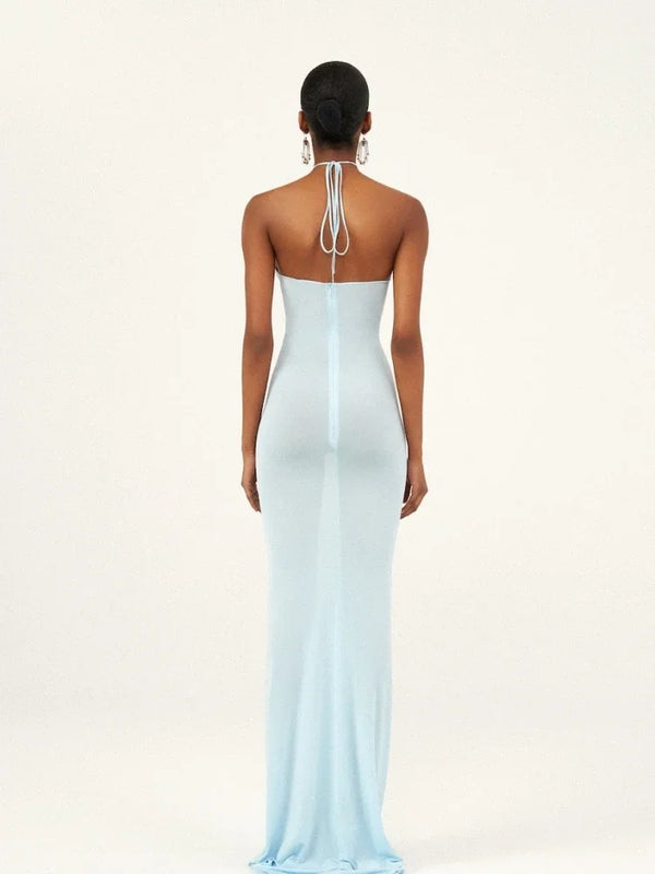 3D Flower Bodycon Long Dress Women Light Blue Sleeveless Lace-up Floor Length Dress