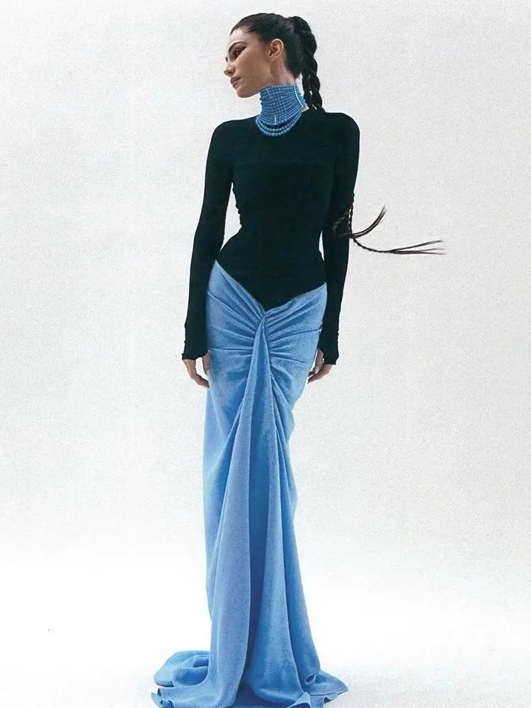 Dress Set Translucent Black Mesh Skin-Tight Garment+Drop Blue Fishtail Dress 2-Piece Sexy Elegant Set