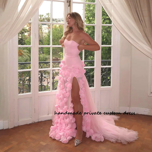 Pink Mermaid Fairy Evening Prom Dresses Side Split Handmade Flower Tulle Party Dress Pirncess Sweetheart Homecoming Prom Gowns