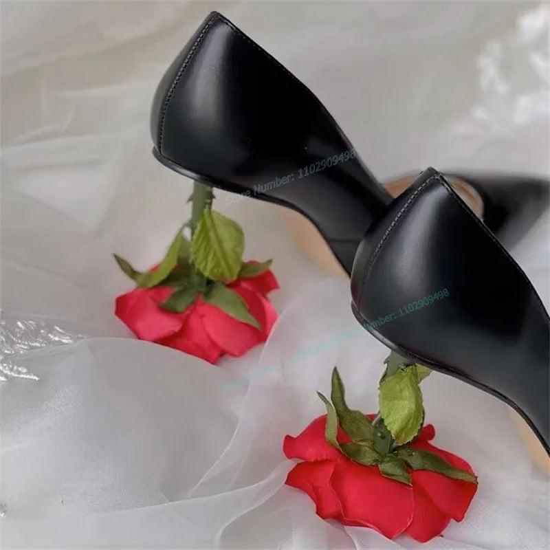 Black Matte Leather Rose Heel Pumps Pointed Toe Shoes