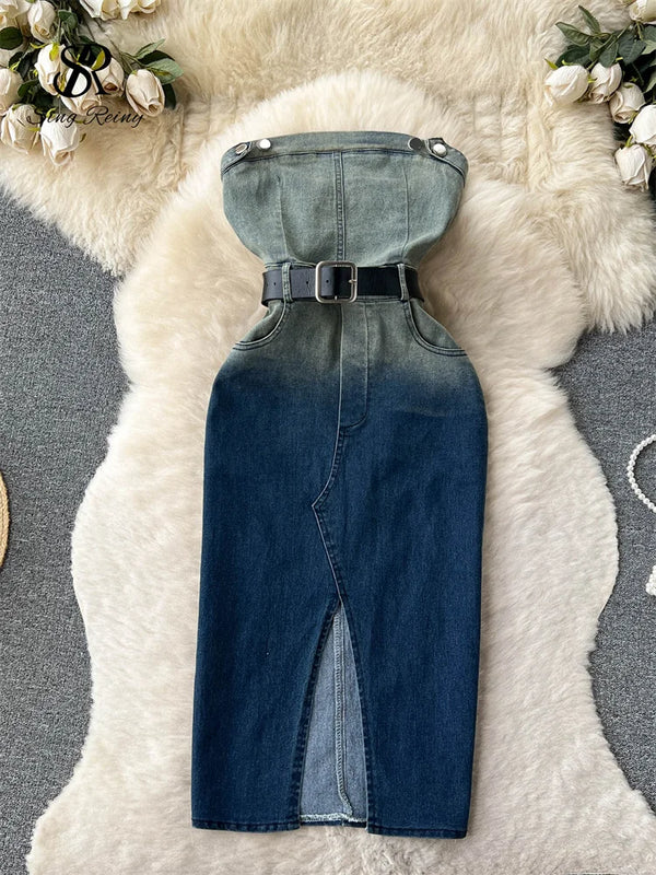 Denim Dress Strapless Gradient Backless Zipper Belt Pocket Split Slim Bodycon Jean Maxi Dress