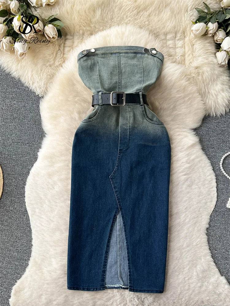 Denim Dress Strapless Gradient Backless Zipper Belt Pocket Split Slim Bodycon Jean Maxi Dress