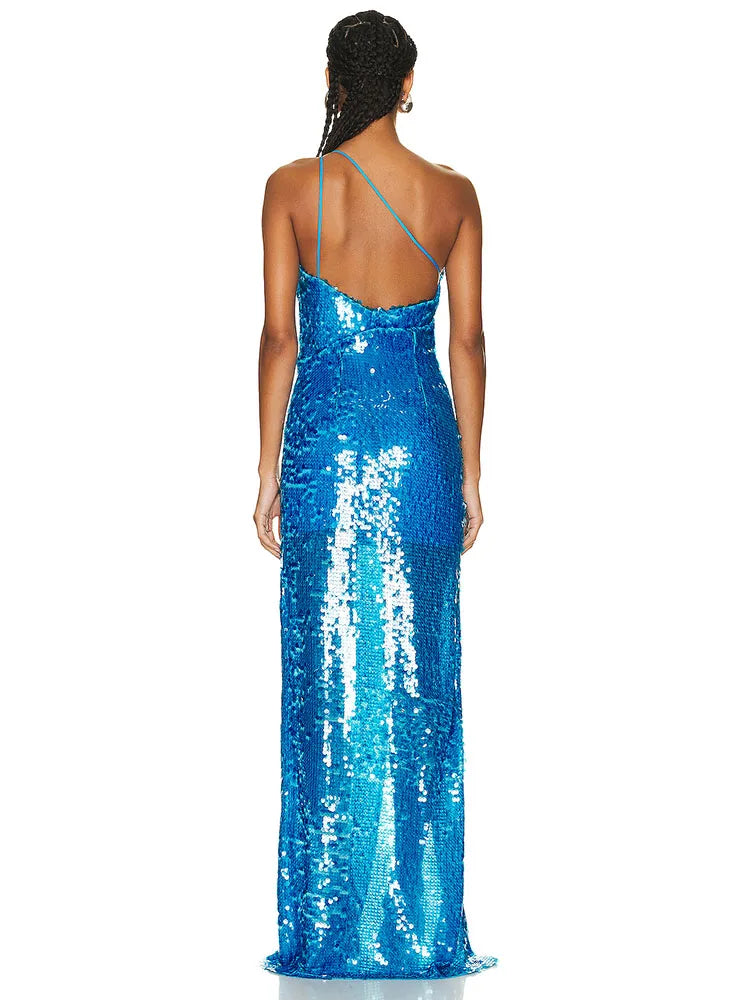 Sleeveless One Shoulder Sequin Slit Maxi Dress Elegant Neck Cut Out Sequin Evening Party Dresses