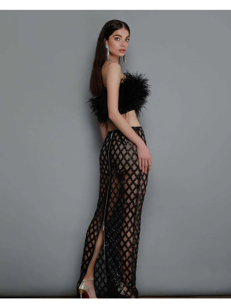 Feathers  Sleeveless Slash Neck Tow Piece Set Bodycon Bandage Dress Set Celebrity Party Nightclub Outfits