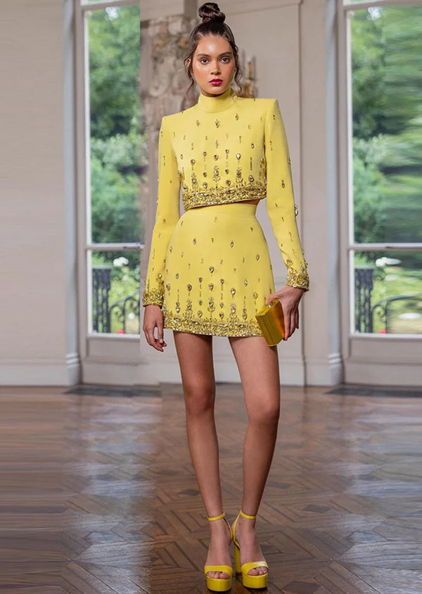 New Autumn Women's Fashion Sexy Diamond Beaded Short Top+Dress Yellow Two Piece Suit Set High Quality