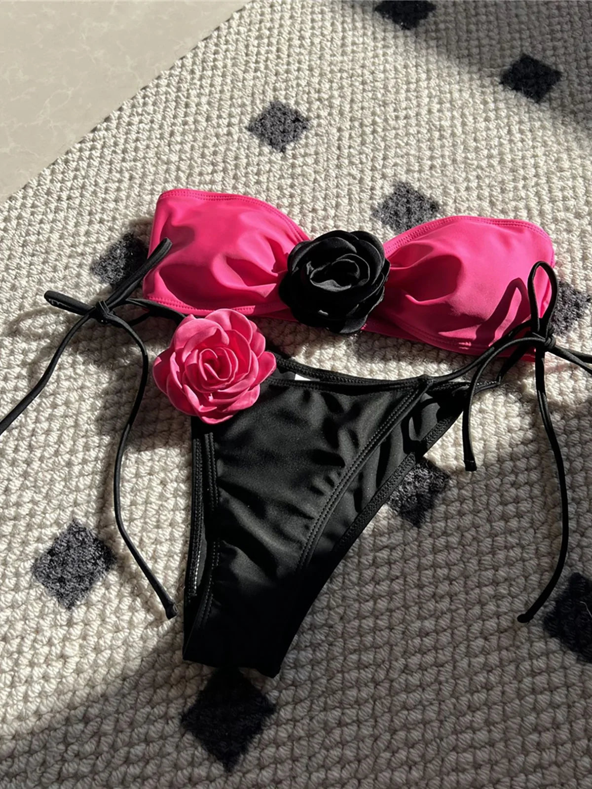 4 Colors 3D Flowers Rose Strapless Bikini Women Swimwear Female Swimsuit Two-pieces Bikini set Suit Swim