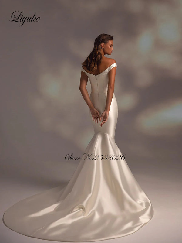 Liyuke Satin Off The Shoulder Mermaid Wedding Gowns Elegant Trumpet Bridal Dress