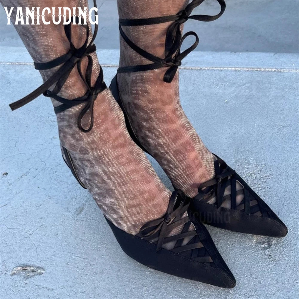 Pointed Toe Strappy Stilettos Women's Satin Kitten Heels Summer Shoes Sweet Style Lace-Up Ankle Straps Summer Shoes New Arrival