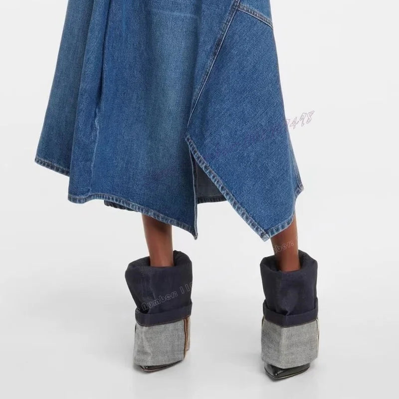 Blue Denim Patchwork Mid Calf Boots Pointed Toe Shoes