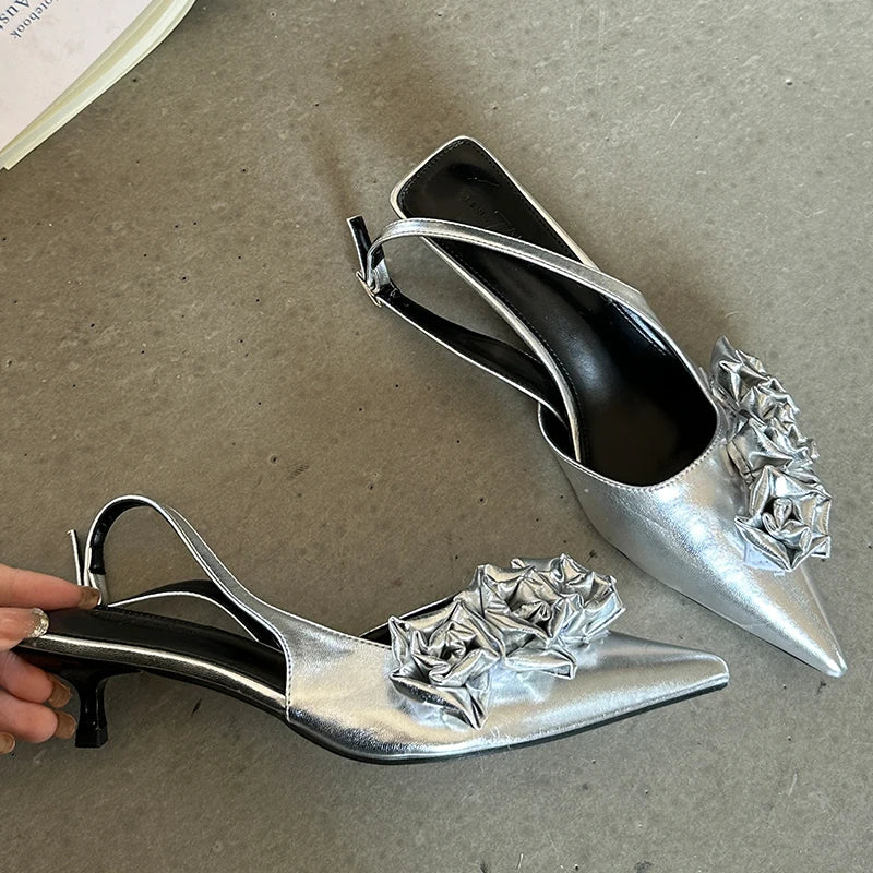 2024 Female Flower Pointed Toe Footwear Fashion Thin Heels Sandals