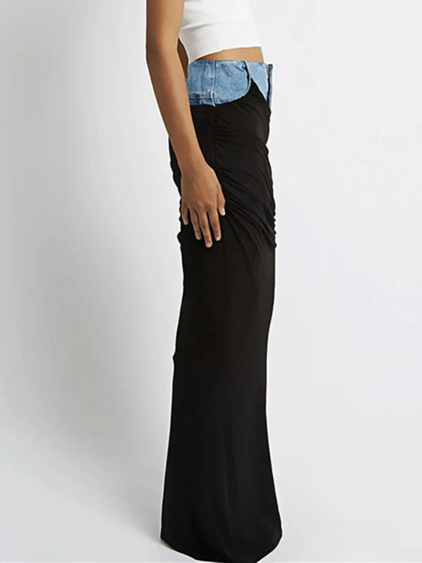 Wome Skirts High Waist Deconstruct Patchwork Panelled Asymmetry Denim Long Skirt