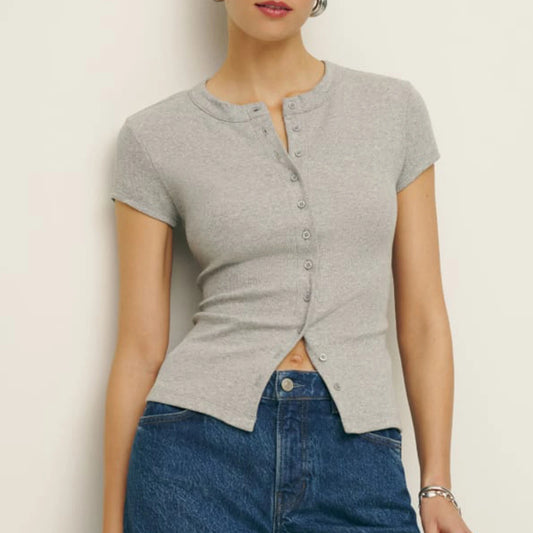 Knit Button Up Shirts Summer Crop Tops Short Sleeve Round Neck Solid T-shirt Slim Fit