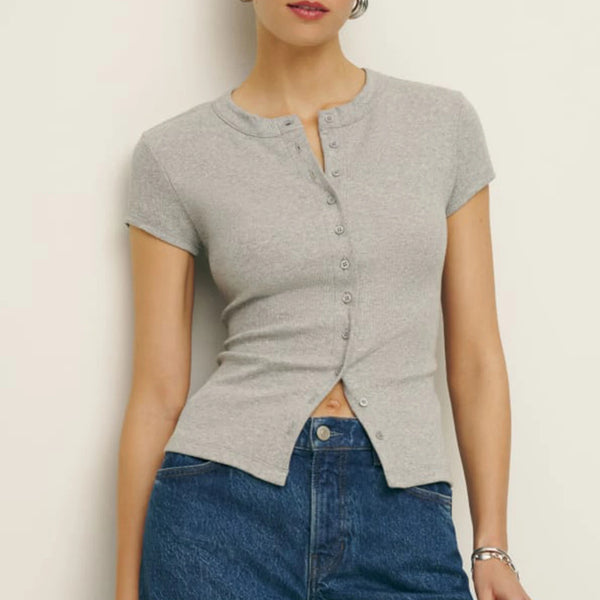 Knit Button Up Shirts Summer Crop Tops Short Sleeve Round Neck Solid T-shirt Slim Fit