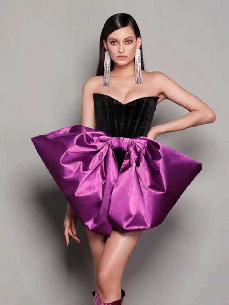 Strapless Color Matching Tight Bandage Dress Mini Big Bow Elegant Celebrity Party Dress