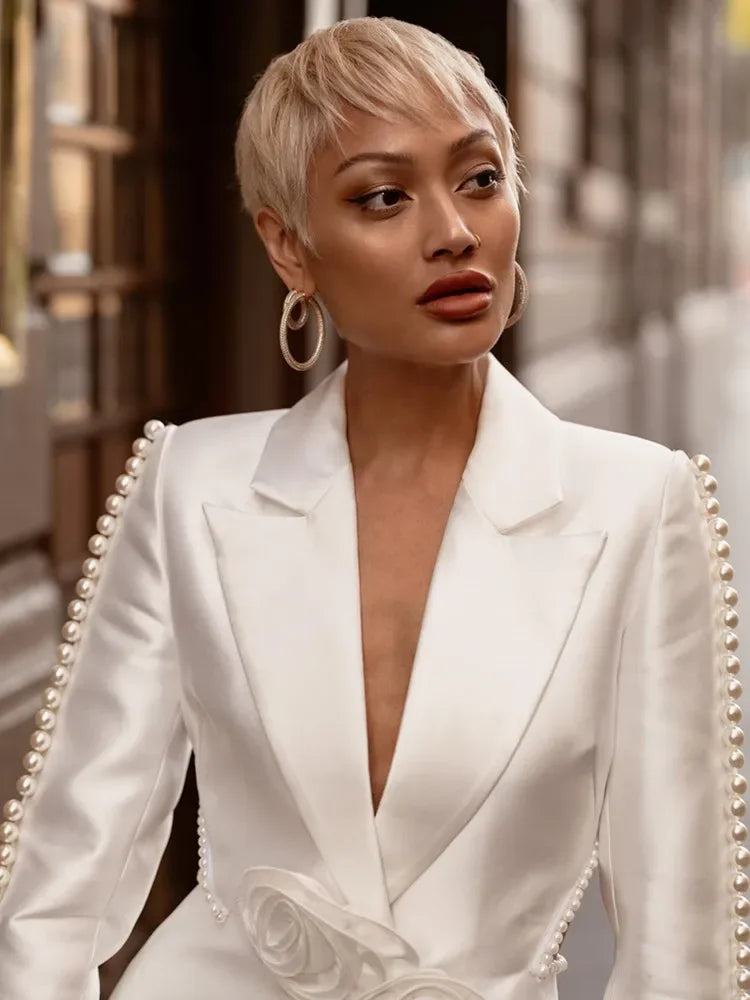 Luxury Sexy Long Sleeve V Neck Pearl Beading White Pants Set