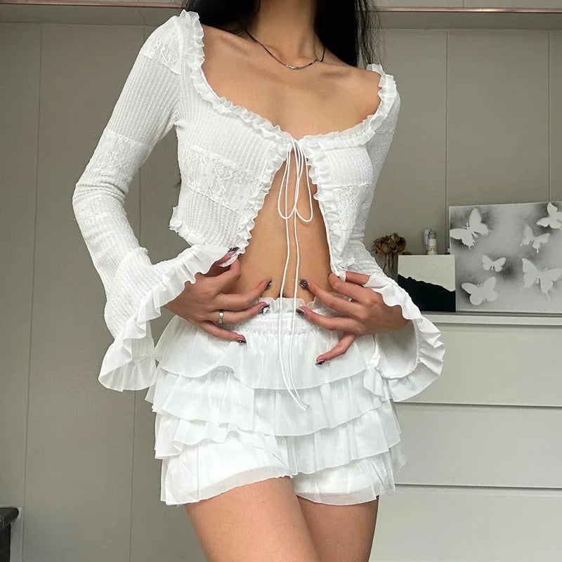 Y2k Knit Two Piece Dress Set Women Casual Ruffle Crop Top Fashion Mini Wrap 2 Piece Skirt Set