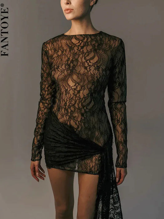 Lace Bandage Women Dress Black Long Sleeve Round Neck Ruched Dress Autumn Skinny Elegant Party Clubwear