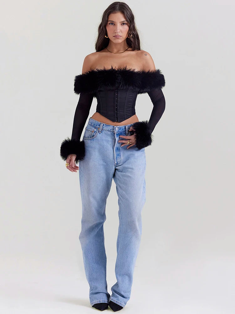 Mozision Elegant Feather Strapless Off-shoulder Backless Tops