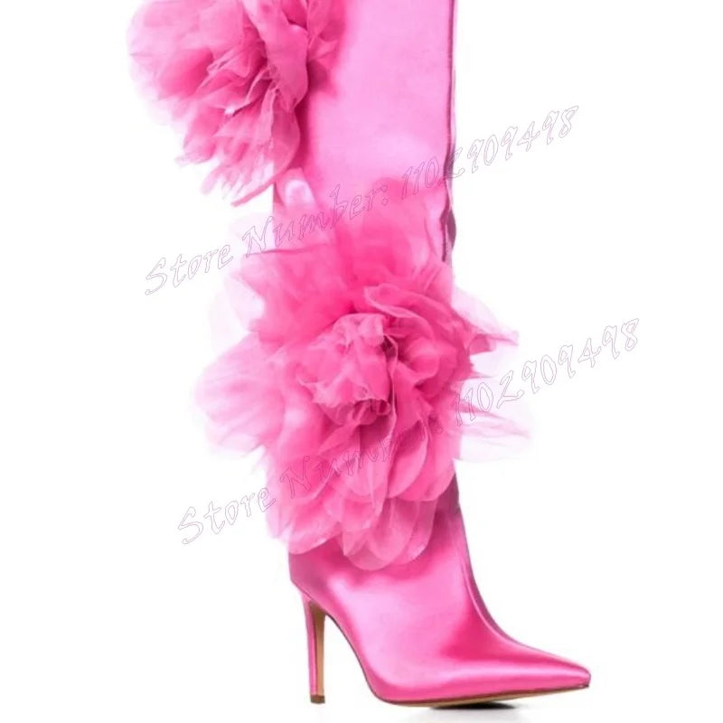 Pink Mesh Flower Decor Satin Boots Knee High Pointy Toe