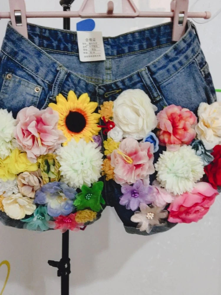 Handmade 3D Flowers Sequins Beads Slim Denim Shorts Summer High Waist Short Jeans Trousers Floral Embroidery Pantalones