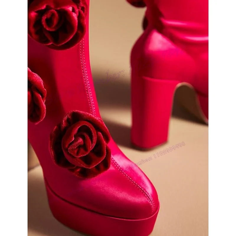 Rose Red Satin Flower Platform Boots Round Toe Shoes