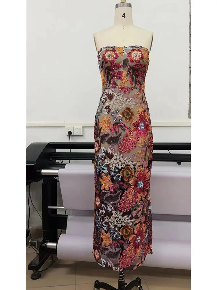 Strapless Designer Embroidery Flower Long Bodycon Gowns Dress Elegant Evening Party Club Dress