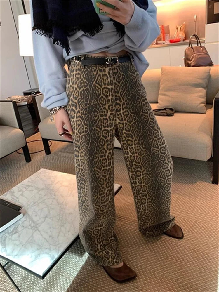 Leopard Print Jeans High Waisted Vintage Wide Leg Denim Trousers