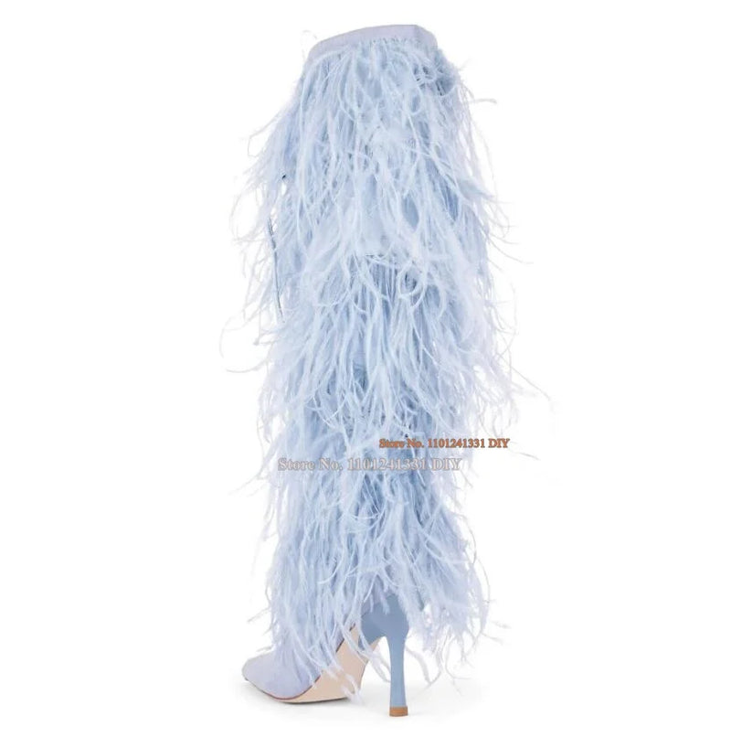 Light Ostrich Feather Pointed Toe High Heel Boost Spring Winter Knee High Length Fur Dress Shoes