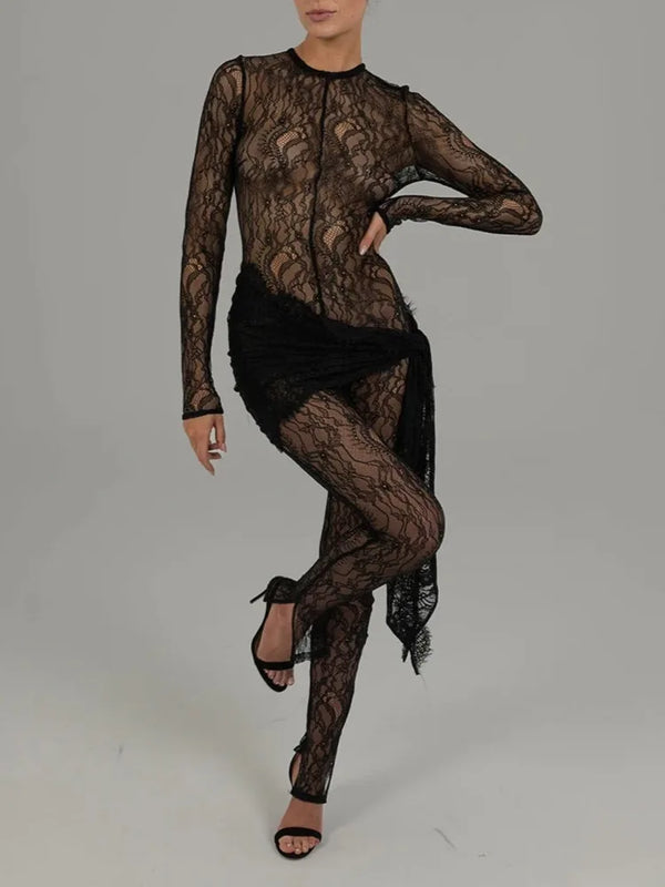 Lace See Through O-Neck Long Sleeve Jumpsuits One-piece