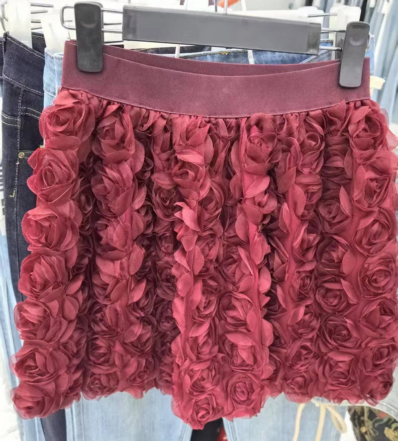 3D Rose Flower Retro Skirts for Women 2025 Fashion Jupe Summer Y2K High Waist Mini Goth Skirt