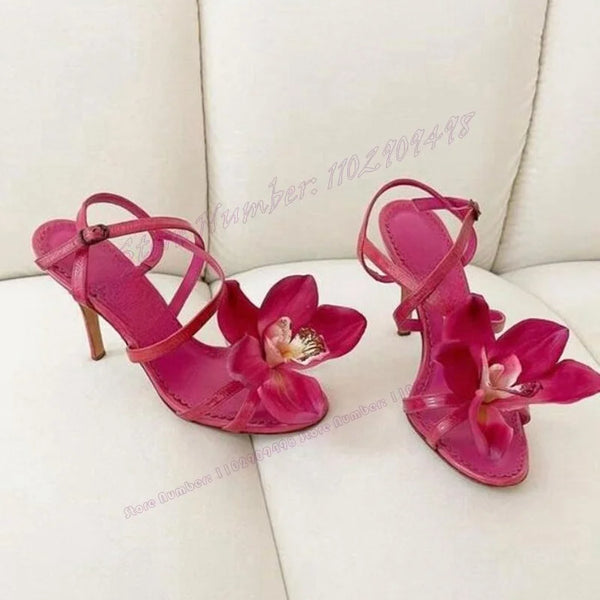 Rose Red Flower Back Strap Sandals Open Toe Shoes for Women Stilettos High Heels Elegant Evening Shoes 2023 Zapatos Para Mujere