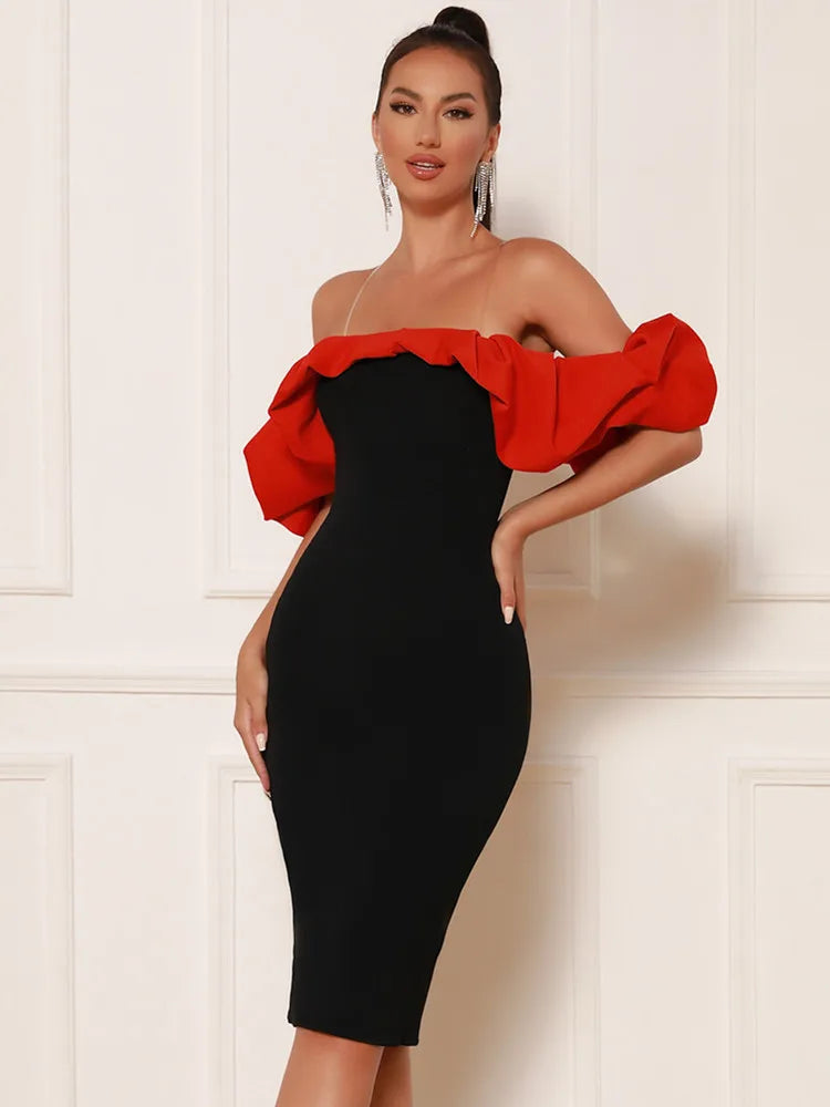 Off Shoulder Ruffles Patchwork Red Black Bodycon Midi Bandage Dress