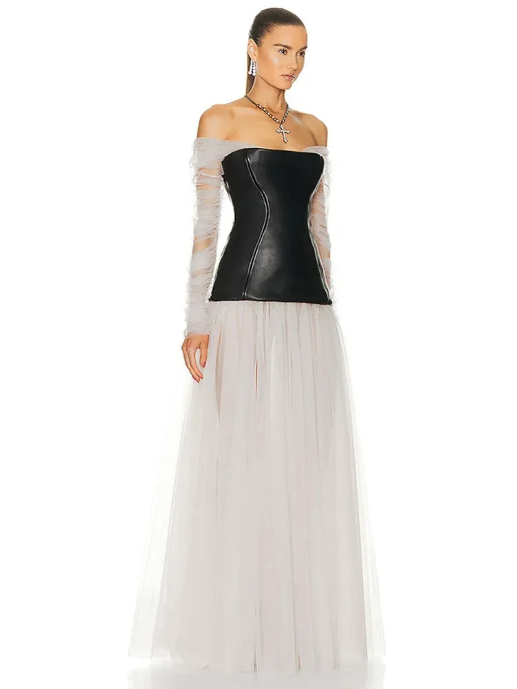 Luxury Off Shoulder Mesh Leather Patchwork Pleated Maxi Long Gowns Dress