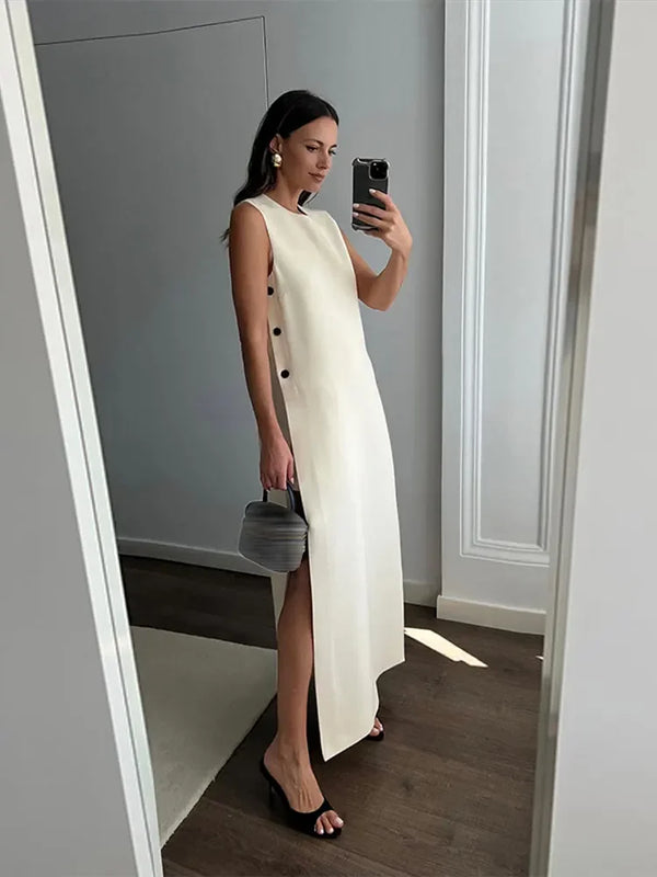 Sleeveless Button Split Midi Dress