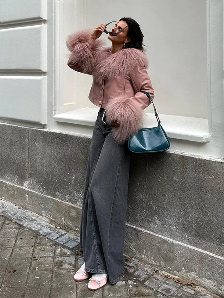 Cropped Pink Leather Jacket With Feather Fashion V-neck Short Coats