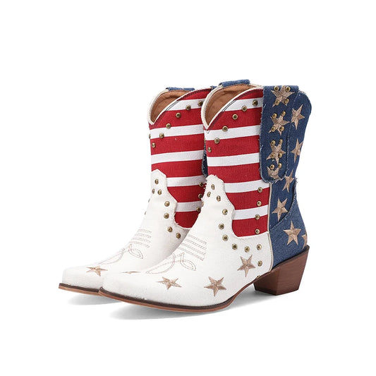 Cowgirl Cowboy Western Boots USA Flag Ankle Booties Denim Stars Stripes Heeled Shoes 2025 New Footwear