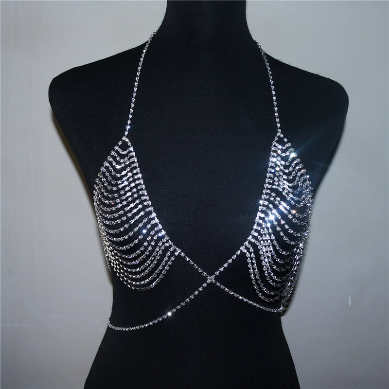 Crystal Bra Underwear Shining All Rhinestone Tassel Chest Chain Necklace Jewelry Accessories