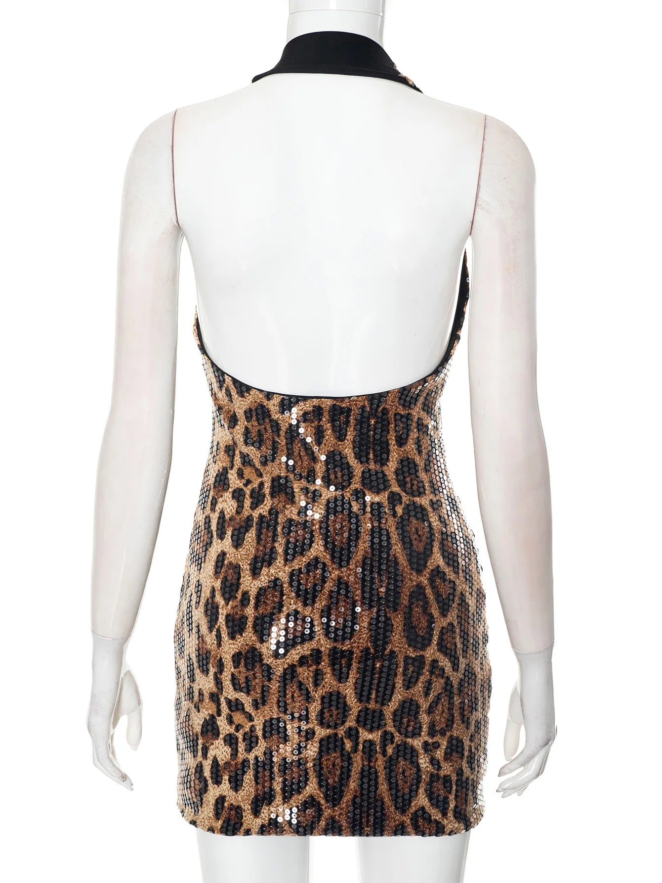Leopard Sequin Backless Halter Short Dress