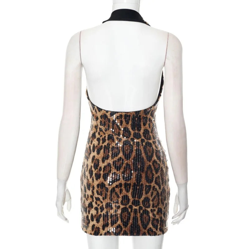 Leopard Sequin Backless Halter Short Dress
