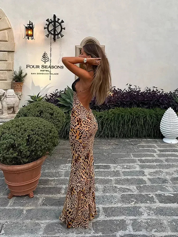 Leopard Lace Patchwork Maxi Halter Dress Long Dresses